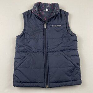 COLUMBIA Reversible Vest Kids Girl’s S(8) Navy Puffer Geometric Fleece Full Zip